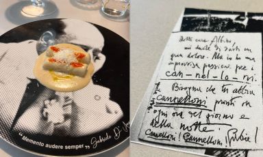Cannelloni, the most delicious part of the menu dedicated to Gabriele D'Annunzio at restaurant Peter Brunel in Arco (Trento). On the right, the scrap of paper with which the writer urged his cook Albina to keep cannelloni ready "at every hour of the day and night".
