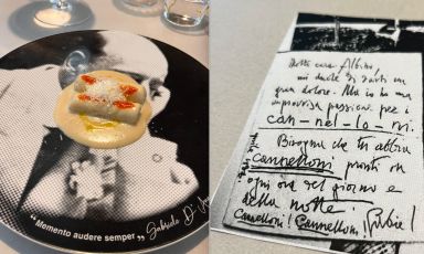 I Cannelloni, il passaggio più delizioso del menu dedicato a Gabriele D'Annunzio del ristorante Peter Brunel di Arco (Trento). A destra, il pizzino con cui lo scittore esortava la sua cuoca Albina e tenere cannelloni pronti "a ogni ora del giorno e della notte"
