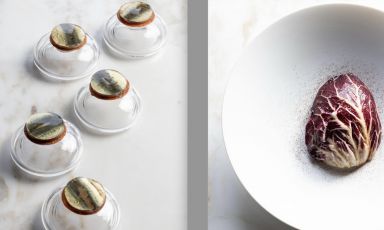 Sardine, condimento al pissalat e cracker di farina di lische di pesce e Radicchio, melograno e astice blu, due piatti in carta ora al ristorante Le Louis XV-Alain Ducasse à l'Hôtel de Paris di Montecarlo (le foto sono di Matteo Carassale e Paul Stefanaggi)
