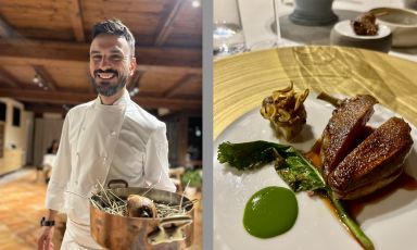 Simone Tricarico e il suo perfetto Piccione ai carboni con topinambur. Dopo una lunga gavetta in Francia (Michel Bras, Pascal Barbot, Alain Ducasse), Inghilterra (Waterside Inn) e Italia (Giancarlo Perbellini e Iyo), il cuoco 35enne ha aperto nell'ottobre 2025 Thelema a San Vito di Gaggiano
