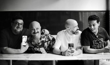 Enricomaria Porta, Diego Rossi, Marco Marini e Josef Khattabi di Nino, Osteria con Cucina, via Bixio 47, Milano (foto Lampo Wu)
