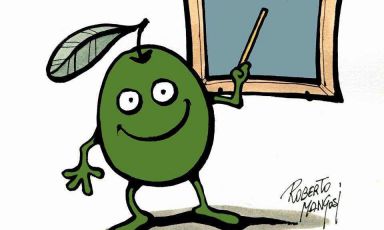 L'illustratore Roberto Mangosi ha disegnato il logo-mascotte che accompagna il progetto "Bruschetta o Merendina?", che mira a far conoscere anche ai ragazzini la bontà genuina del pane e olio extra-vergine di oliva
