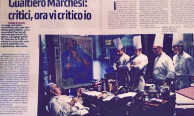 A clipping from weekly magazine Panorama, published after the famous episode in 2008 when Gualtiero Marchesi, then at Albereta in Erbusco (Brescia), refused his 3 Michelin stars. Second from the right, Simone Cantafio, from Milan, now chef and director in Toya, at the restaurant Michel and Sebastien Bras opened in Japan - another family that recently refused 3 Michelin stars
