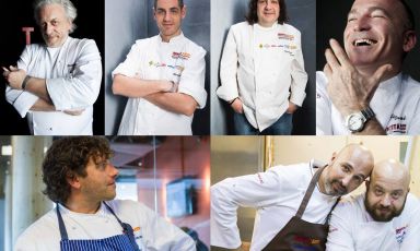 Gli chef che saranno impegnati nei cinque pranzi di Identità Future. Dall'alto a sinistra e in senso orario, Davide Scabin, Domenico della Salandra, Gianluca Fusto, Elio Sironi, Andrea Ribaldone con Domenico Schingaro, Cesare Battisti