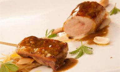 The Birra Moretti Grand Cru glazed guinea-fowl, with potatoes and peanuts by Giuseppe Gasperoni, sous-chef of Riccardo Agostini at Il Piastrino restaurant in Pennabilli (Rimini). This dish is part of the mini-menu designed by Gasperoni on the occasion of the second edition of Premio Birra Moretti Grand Cru