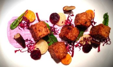 Roasted tempeh with roots, red cabbage sauce and c