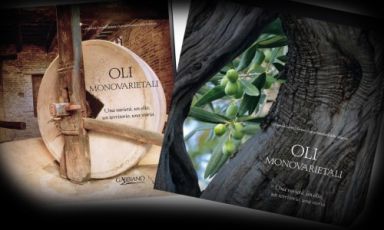 La copertina di  "Oli Monovarietali - Una varietà, un olio, un territorio, una storia" (Gabbiano Editore), volume realizzato con il patrocinio del Mipaaf, in collaborazione con la Regione Marche