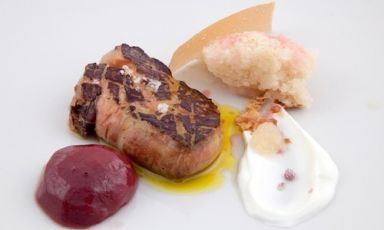 Foie gras, peach, Birra Moretti Grand Cru granita the savoury recipe that opened the mini-menu by Francesco Di Lorenzo, sous chef at Il Pagliaccio in Rome, during the finals of the third edition of Premio Birra Moretti Grand Cru. Ginger was his chosen spice