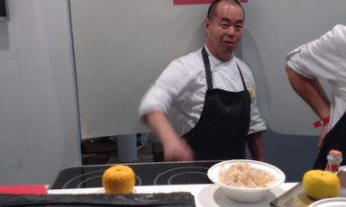 Haruo Ichikawa chef at restaurant Iyo in Milan, in Jetro&rsquo;s (Japan External Trade Organization) corner at Identit&agrave; Milano 2014. Famous Italian chefs such as Cristina Bowerman, Luigi Taglienti, Carlo Cracco, Moreno Cedroni and brothers Christian and Manuel Costardi dealt with the interpretation of some great products from the Land of the Rising Sun. A big success