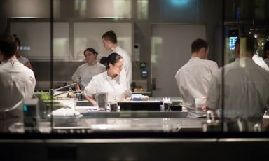 Lucia Tellone, at the centre of the small kitchen inside Maeemo in Oslo, Norway, chef Esben Holmboe Bang. Born in Avezzano in 1984, Tellone is at her second important experience after Enrico Bartolini’sDevero 
