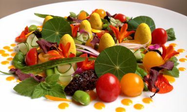 I Giardini, i campi e il mare [The gardens, the fields and the sea] the colourful summer salad by vegan chef Daniela Cicioni: herbs, vegetables, flowers, raw fish and lupin beans