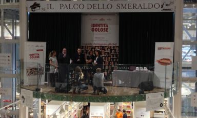 Paolo Marchi on the stage (with David Toutain, best foreign chef) during the presentation of Identità Golose 2015 at Eataly Smeraldo in Milan