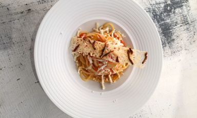 L'Amatriciana di lago proposta a Identità di Pasta dal giovanissimo Denny Manzoni, cuoco della Piazzetta di Montevecchia (Lecco)