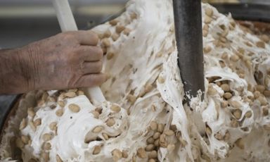 The almond mixture in the traditional copper pot at Torronificio Scaldaferro in Dolo (Venezia), +39.041.410467, established in the distant 1919