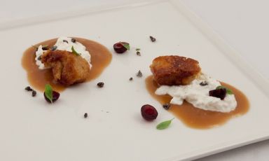 Croque & Beer: burrata cheese, capers and sour cherries, a dish presented at the finals of the second edition of Premio Birra Moretti Grand Cru by Michele Cella, born in 1982, since 2009 the sous chef of Leandro Luppi at La Vecchia Malcesine in Malcesine (Verona)