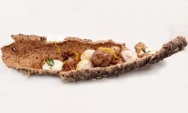 Jerusalem artichoke, white chocolate, orange, sweet chestnuts and Moretti Grand Cru by Eugenio Boer, chef at Enocratia in Milan, together with Davide Mingiardi
