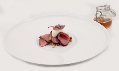 The Suckling pig neck, cooked in spiced water over slightly smoked barley, creamed with Birra Moretti Grand Cru ice-cream by Livio Pedroncelli, sous chef from Como, born in 1982, from Osteria del Pomiroeu in Seregno (Monza-Brianza), one the 10 finalists of the Premio Birra Grand Cru 2013