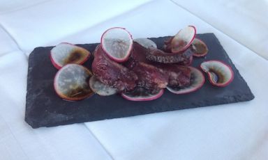 Tataki di manzo marinata al mosto cotto d’uva su ravanello croccante, il primo dei tre rubitt che Paolo Casanova, cuoco e padrone di casa del Dopolavoro Bicocca, presenterà il 10 giugno, giornata di "Grande cucina, piccoli piatti", una maratona di 10 ore dedicata alla microcucina