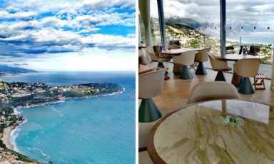 La vista e la tavola del ristorante Ceto del Maybourne Riviera, Roquebrune-Cap-Martin, Francia, una stella Michelin
