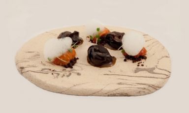 Le lumache e la birra, uno dei due piatti che hanno consentito a Christian Milone della Trattoria Zappatori di Pinerolo (Torino) di vincere la seconda edizione del Premio Birra Moretti Grand Cru