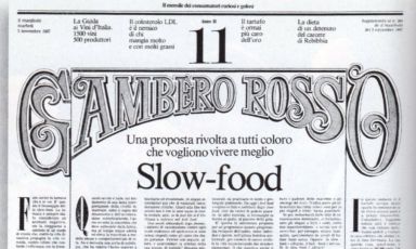 The Slow-food manifesto published on the 3rd November 1987 in Gambero Rosso, with a snail designed by Gianni Sassi
