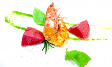 Lingua di vitello, mazzancolla e salsa verde è il piatto 2017 per Giuliano Pellegrini, chef del Lio Pellegrini di Bergamo
