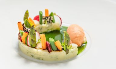 Verdure cotte e crude con coulis alle erbe, melassa di fichi e sorbetto all’arancio e zenzero, ossia il piatto che rappresenta "l'equilibrio in un piatto" secondo Claudio Mengoni, chef del Borgo San Jacopo a Firenze e protagonista di una delle cene organizzate da Acqua Panna alla ricerca delle armonie perfette in cucina
