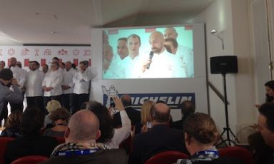 Niko Romito of restaurant Reale - Casadonna in Castel di Sangro (L'Aquila), just awarded with the highest award in Milan. Actually it's the eigth italian 3 Michelin stars restaurant, the 14th in the history. The Red Guide today also proclaimed 3 2-stars restaurants: Stefano Baiocco of Villa Feltrinelli in Gargnano by the Garda Lake, Enrico Bartolini of Devero in Cavenago Brianza near Milan, Vincenzo Candiano of Locanda Don Serafino in Ragusa, Sicily
