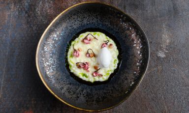 Risotto aspro, fiori di Sakura sotto sale, olio di fichi e gelato di ginepro e alga kombu
