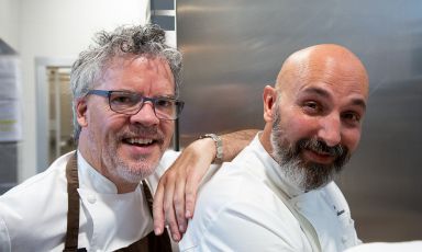 Peter Gordon, to the left, guest chef at Identità Golose Milano representing New Zealand. Next to him, host Andrea Ribaldone
