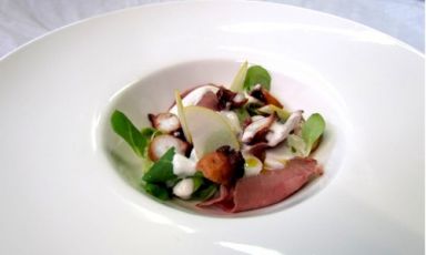 Salmi of tongue with Birra Moretti Doppio Malto, squid with coffee, beer mayonnaise, granny smith apples and portulaca by Matteo Gobbo, chef at the Don Claudio restaurant in Jesolo (Venice), +39.0421.371017, a recipe which granted him the participation in the second selection phase of Premio Birra Moretti Grand Cru 2012
