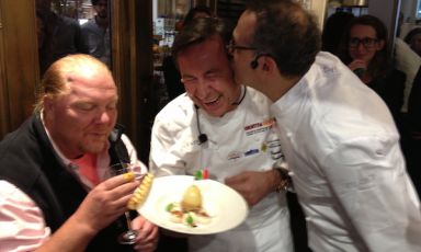 Mario Batali, Daniel Boulud and Massimo Bottura and the egg in gelatine created by the French chef at Identità New York