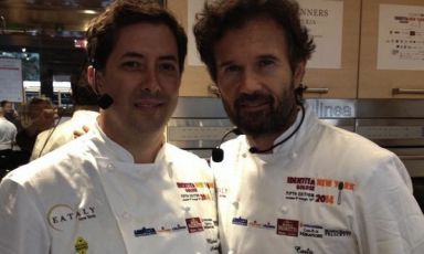 Michael Anthony, executive chef at Gramercy Tavern and Carlo Cracco before the third lesson at Identità New York, a very interesting excursus between dashi (the American) and two great symbols of Italy and of Cracco (rice arancino and sea urchin)