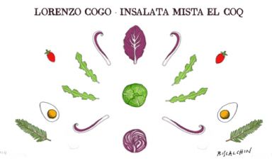 Radicchio, verza, cappuccio, cavolo cappuccio, pomodoro ciliegino, dashi, mainonese... non manca nulla nell'Insalata mista di Lorenzo Cogo, chef d'El Coq di Marano Vicentino (Vicenza), +39.0445.1886367