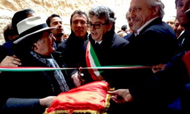 A picture taken on Saturday March 1st, during the opening of the Med Cooking School in Ceglie Messapica in the province of Brindisi. In the centre, mayor Luigi Caroli, between singer Albano Carrisi, also a wine producer in Cellino San Marco, a nearby town, and Davide Scabin, chef-patron at Combal.zero in Rivoli near Torino. This was taken during the ribbon cutting ceremony
