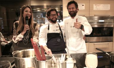 Sunday at Identità New York, left to right: sommelier Alessandra Rotondi and chefs Matthew Lightner and Carlo Cracco