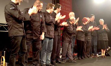 All the eight Italian chefs with three stars together for the party in Milan celebrating the 60th anniversary of Italy’s Michelin Guide. Left to right, one can see Massimo Bottura, Bobo and Chicco Cerea, Massimiliano Alajmo, Heinz Beck, Niko Romito, Annie Feolde, Enrico Crippa, Giovanni and Nadia Santini 
