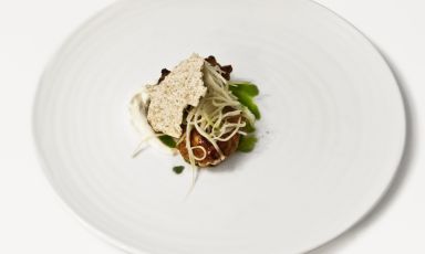 Lacquered sweetbreads with Birra Moretti Grand Cru, aioli, oil with tarragon, barley pastry, celery and celeriac: one of the recipes that allowed Daniele Pennati, chef from Valtellina, to get to the finals of the Pemio Moretti Grand Cru, two years after participating for the first time