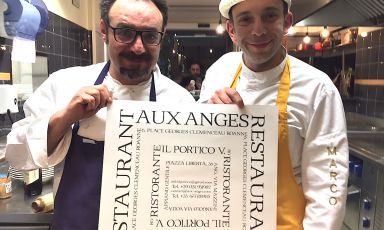 Paolo Lopriore e Marco Viganò al termine della cena di debutto, sabato 25 febbraio al Portico di Appiano Gentile (Como), della Nuova concezione ristorativa
