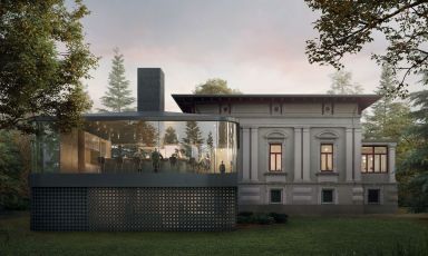 Il rendering del nuovo Atelier Norbert Niederkofler a Villa Moessmer, Brunico (Bolzano). Sulla sinistra il nuovo edificio con le cucine e il bancone, dietro la struttura storica, recuperata, con la sala ristorante
