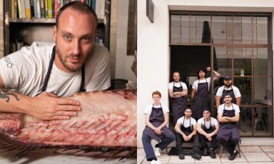 Lo chef Alberto Angiolucci e la brigata del suo ristorante Angiò a Catania
