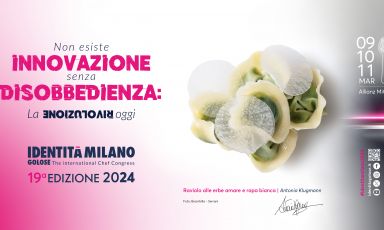 The poster for the 19th edition of the Identità Milano congress, 9/11 March 2024. This year's signature dish is Ravioli with bitter herbs and white turnip by Antonia Klugmann, chef and owner of restaurant L'Argine a Vencò in  Dolegna del Collio (Gorizia)
