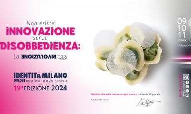 The poster for the 19th edition of the Identità Milano congress, 9/11 March 2024. This year's signature dish is Ravioli with bitter herbs and white turnip by Antonia Klugmann, chef and owner of restaurant L'Argine a Vencò in  Dolegna del Collio (Gorizia)
