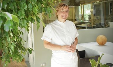 Antonia Klugmann in a portrait by Tanio Liotta right outside the kitchen at L'Argine, in Friuli
