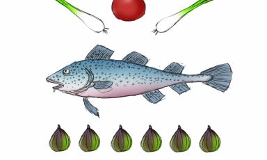 Baccalà in carpione con cipollotto, mela annurca e melassa di fichi: il piatto di Gennaro Esposito illustrato da Gianluca Biscalchin, qui con tutti i passaggi di esecuzione