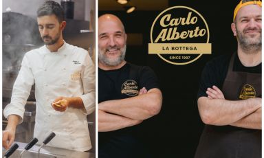 Da sinistra l'executive chef di Identità Golose Milano, Edoardo Traverso che, il prossimo mercoledì 13 novembre interpreterà le carni della Macelleria Carlo Alberto a San Giovanni Lupatoto (Verona), regno dei fratelli Carlo Alberto e Marco Menini (a destra). Per prenotare il tuo tavolo, clicca qui
