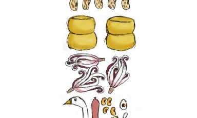 Gianluca Biscalchin disegna la Compressione di Pasta e Fagioli di Massimo Bottura: sono rispettati i diversi strati del piatto che però risultano scomposti, evocando quella torre di sapori che è la Compressione quando la si assaggia. Qui l'intera illustrazione e la ricetta.