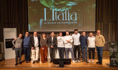 Group photo for the speakers of 'Italy at the Basque Culinary Centre'. Left to right Gianluca Gorini, Luigi Dattilo, Paolo Marchi, Antonia Klugmann, Joxe Mari Aizega, Paulo Airaudo, Andrea Tortora, Richard Abou Zaki, Fabio Pisani, Pierpaolo Ferracuti, Franco Pepe. Only Federico Ceretto is missing
