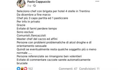 Il post su Facebook dello chef Paolo Cappuccio, al centro di comprensibili polemiche

