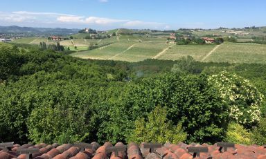 Lo splendido panorama sulle colline e i vigneti delle Langhe che si goda dalle finestre e dal terrazzo della stanza numero 25 di Casa Pavesi, piccolo hotel di charme sotto il Castello di Grinzane Cavour in provncia di Cuneo

